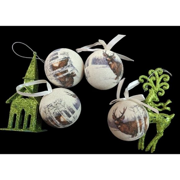 Christams ornament lot  deer church  green white  glitter sparkle - Picture 1 of 9